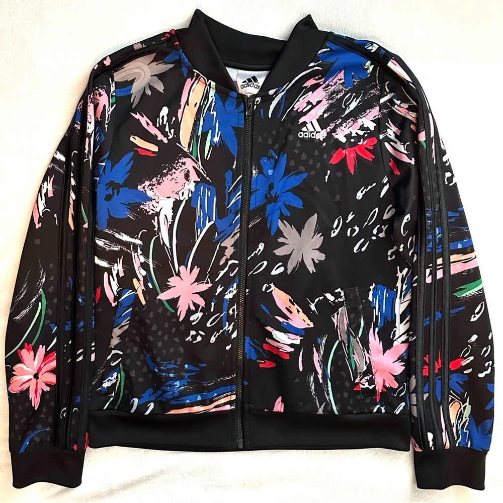 Adidas Girls Black Abstract Floral Tricot Bomber Track Jacket XL 16 Kid Full Zip